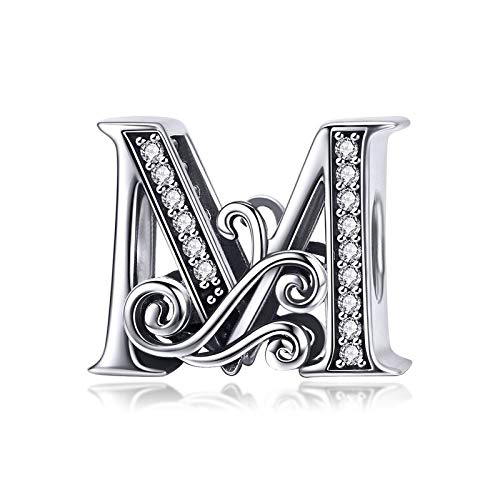 ROPHYNA Plata de Ley 925 Letra M Alfabeto Abalorios Encantos Fit Charm Pulseras Brazaletes DIY Accesorios Joyería