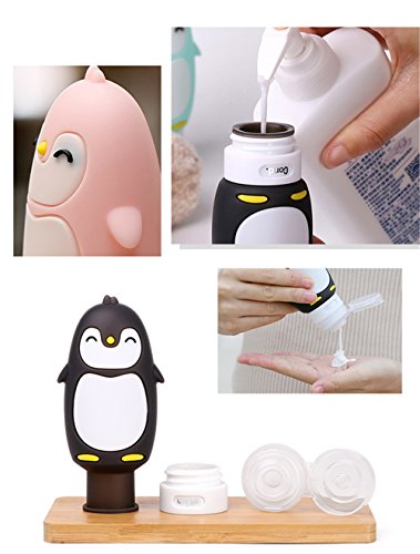 RoseFlower® Pingüino Lindo Botellas de Viaje de Silicona,FDA Certified 100% BPA Gratis Recipientes rellenables portátiles a Prueba de Fugas para,Acondicionador,Loción,artículos de tocador(4 Unidades)
