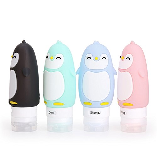 RoseFlower® Pingüino Lindo Botellas de Viaje de Silicona,FDA Certified 100% BPA Gratis Recipientes rellenables portátiles a Prueba de Fugas para,Acondicionador,Loción,artículos de tocador(4 Unidades)