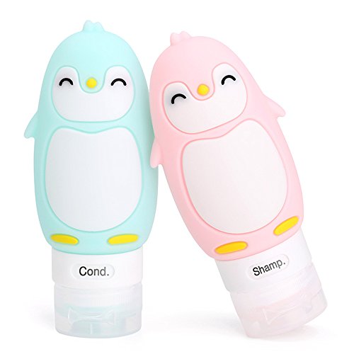 RoseFlower® Pingüino Lindo Botellas de Viaje de Silicona,FDA Certified 100% BPA Gratis Recipientes rellenables portátiles a Prueba de Fugas para,Acondicionador,Loción,artículos de tocador(4 Unidades)