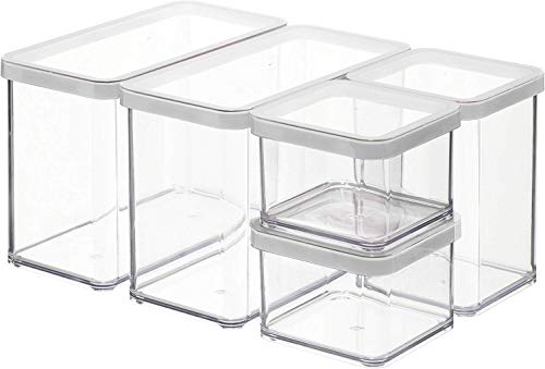 Rotho Loft, Juego de 5 cajas de almacenamiento con tapa de diferentes tamaños, Plástico PP sin BPA, transparente, blanco, 2 x 2.1l, 1 x 1.0l, 2 x 0.5l 30.0 x 21.0 x 15.0 cm