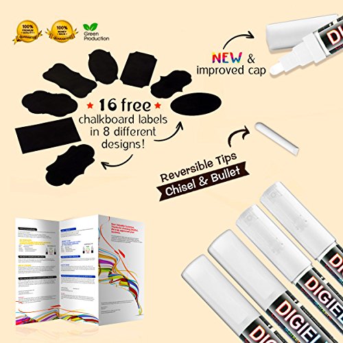 Rotulador Tiza Liquida Blanca por DIGIELE, 2 PCS 3mm + 2 PCS 6mm Rotuladores de Tiza Líquida Blanco con 16 Pizarra Reutilizable Etiquetas, Punta Reversible de Bala o Cincel, Borrado con Seco y Húmedo
