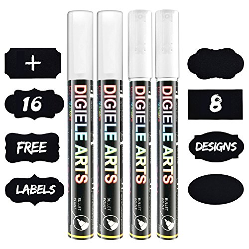 Rotulador Tiza Liquida Blanca por DIGIELE, 2 PCS 3mm + 2 PCS 6mm Rotuladores de Tiza Líquida Blanco con 16 Pizarra Reutilizable Etiquetas, Punta Reversible de Bala o Cincel, Borrado con Seco y Húmedo