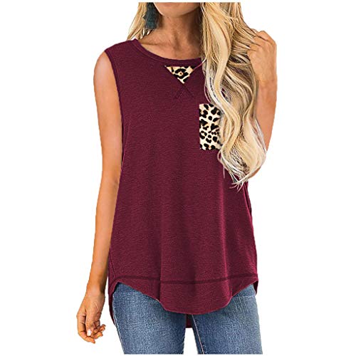 ROVNKD Tops de algodón para mujer, blusa sin mangas, camiseta para mujer, estampado de leopardo Vino M