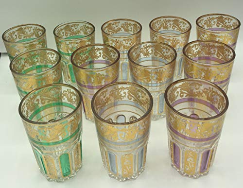 RS Set de 12 de Vasos de Cristal para Té marroquí Dorados con ramal Dorado