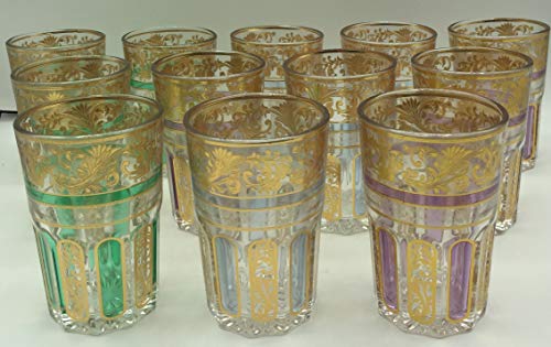RS Set de 12 de Vasos de Cristal para Té marroquí Dorados con ramal Dorado