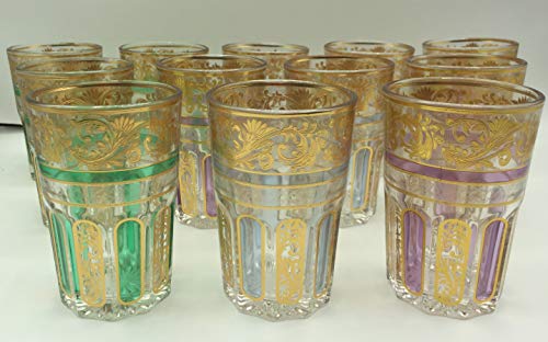 RS Set de 12 de Vasos de Cristal para Té marroquí Dorados con ramal Dorado