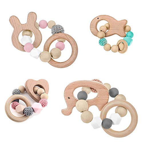 RUBY - 12 Pcs Sonajero Animal Mordedor Orgánico, Figuras de Madera Orgánico Bebé Kit Colgante Bricolage Accesorios Madera Natural Juguete Niños Ducha (Lote 2)