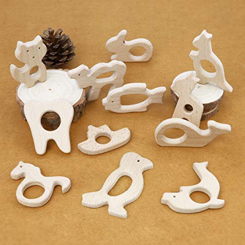 RUBY - 12 Pcs Sonajero Animal Mordedor Orgánico, Figuras de Madera Orgánico Bebé Kit Colgante Bricolage Accesorios Madera Natural Juguete Niños Ducha (Lote 2)