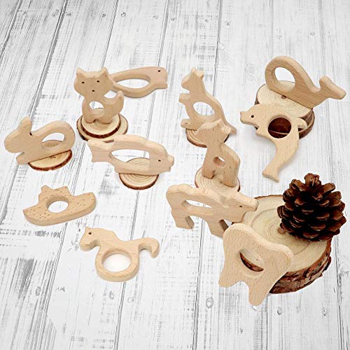 RUBY - 12 Pcs Sonajero Animal Mordedor Orgánico, Figuras de Madera Orgánico Bebé Kit Colgante Bricolage Accesorios Madera Natural Juguete Niños Ducha (Lote 2)