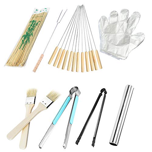 Ruiao - Juego de utensilios para asar a la parrilla, tenedor de papel de aluminio, brochetas de bambú para barbacoa, pinzas para cocinar en la puerta