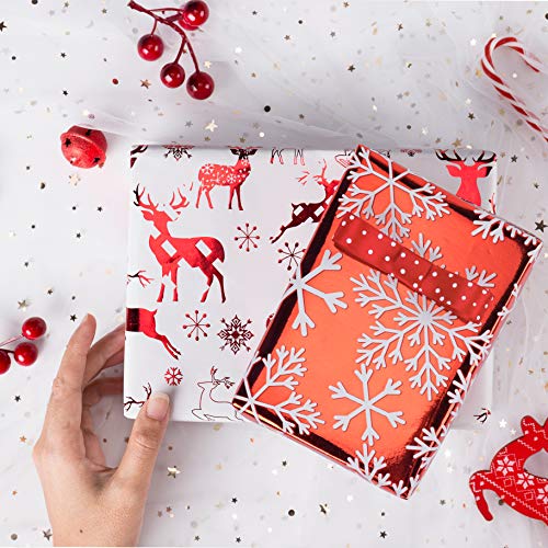 RUSPEPA Rollo De Papel De Regalo - Papel Rojo Y Blanco Con Brillo Metálico - Colección Christmas Elements - 4 Rollos - 76cm X 305cm Por Rollo