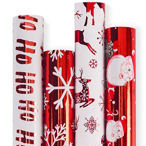 RUSPEPA Rollo De Papel De Regalo - Papel Rojo Y Blanco Con Brillo Metálico - Colección Christmas Elements - 4 Rollos - 76cm X 305cm Por Rollo