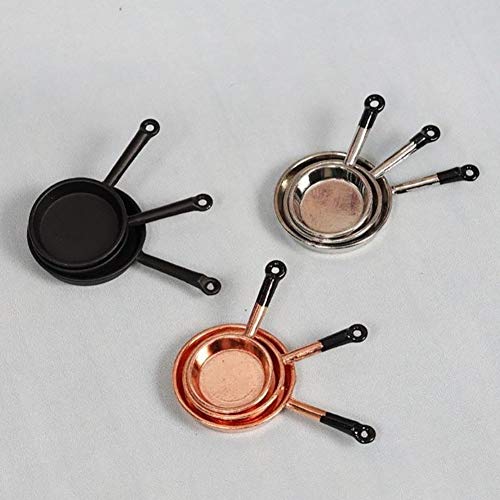 Rycnet - Juego de 3 sartenes en miniatura de aleación, colección de utensilios de cocina para casa de muñecas de 1/12, Aleación, negro