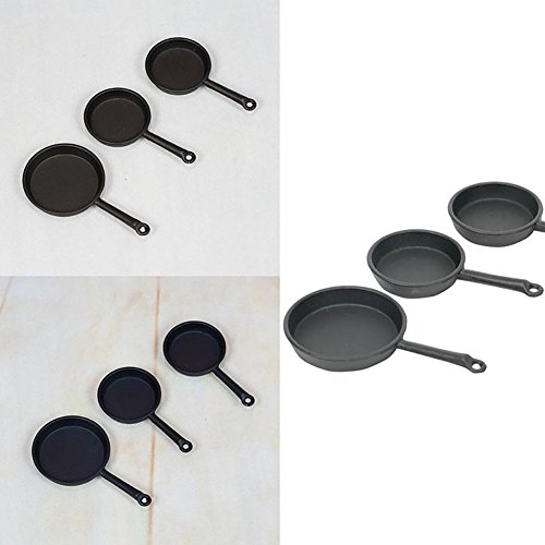 Rycnet - Juego de 3 sartenes en miniatura de aleación, colección de utensilios de cocina para casa de muñecas de 1/12, Aleación, negro