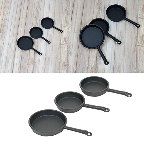Rycnet - Juego de 3 sartenes en miniatura de aleación, colección de utensilios de cocina para casa de muñecas de 1/12, Aleación, negro