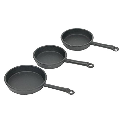 Rycnet - Juego de 3 sartenes en miniatura de aleación, colección de utensilios de cocina para casa de muñecas de 1/12, Aleación, negro