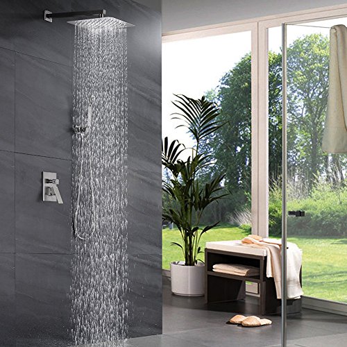 S R SUNRISE Sistema de Ducha de níquel Cepillado para Cuarto de baño, Moderna tecnología Air Injection, Cabezal de Ducha Cuadrado de 12", fácil instalación, Respetuoso con el Medio Ambiente