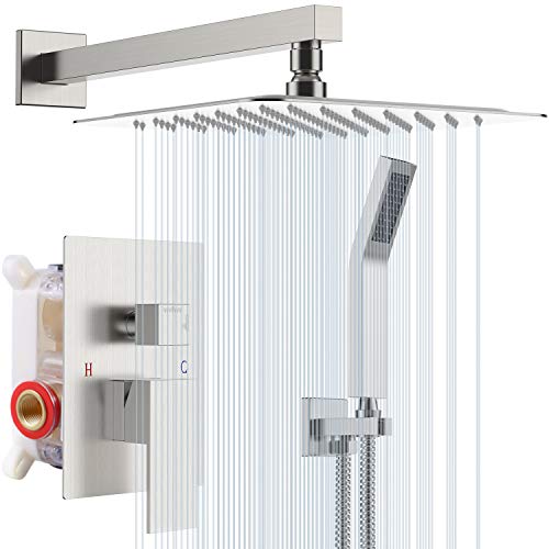 S R SUNRISE Sistema de Ducha de níquel Cepillado para Cuarto de baño, Moderna tecnología Air Injection, Cabezal de Ducha Cuadrado de 12", fácil instalación, Respetuoso con el Medio Ambiente