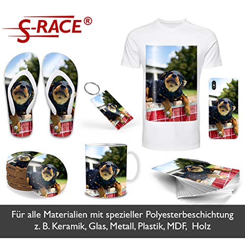 S-RACE - Papel de sublimación (A4, 20 hojas, 120 g/m², apto para impresoras de inyección de tinta de sublimación, secado rápido, resistente a borrones