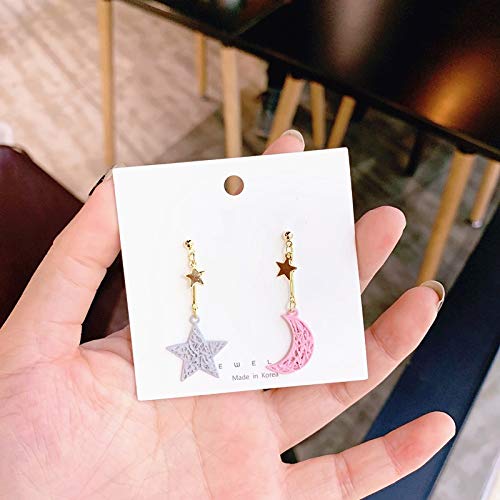 S925 Plata Pin Rejilla Caramelo Estrella Luna Pendientes Asimétricos