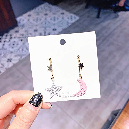 S925 Plata Pin Rejilla Caramelo Estrella Luna Pendientes Asimétricos