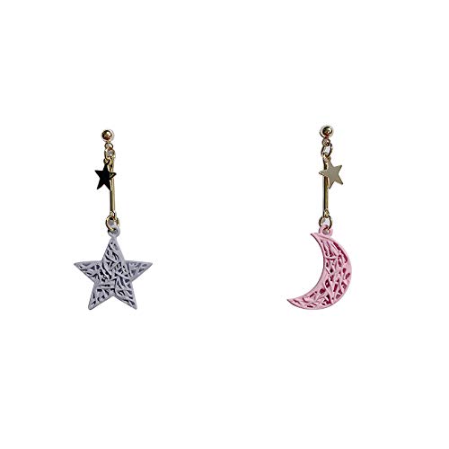 S925 Plata Pin Rejilla Caramelo Estrella Luna Pendientes Asimétricos