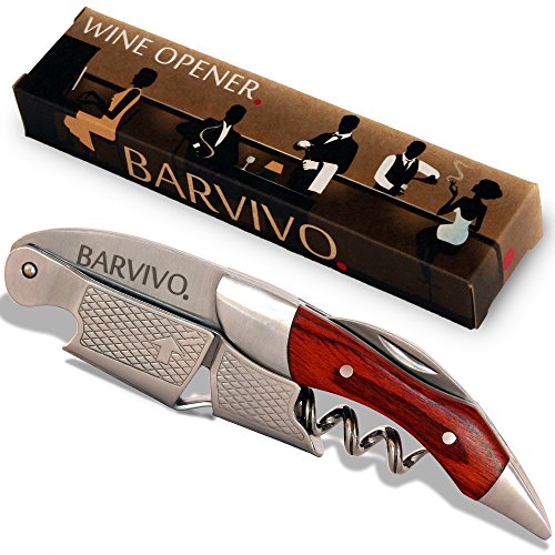 Sacacorchos para meseros profesionales de BARVIVO – Destapador usado por meseros, sommeliers y barmans del mundo para abrir botellas de cerveza y vino. Hecho de acero inoxidable y madera de pakka.