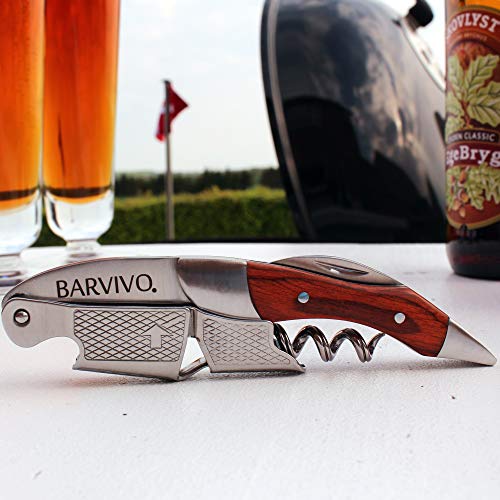 Sacacorchos para meseros profesionales de BARVIVO – Destapador usado por meseros, sommeliers y barmans del mundo para abrir botellas de cerveza y vino. Hecho de acero inoxidable y madera de pakka.