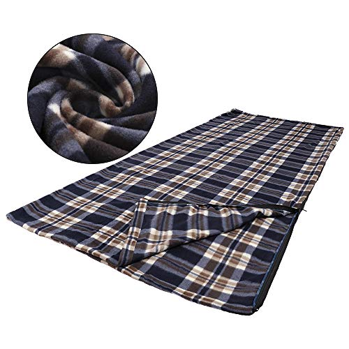 Saco de dormir de microfibra con cremallera, ligero, para viaje, con forro o manta con bolsa de almacenamiento para acampada al aire libre, clima frío, color Navy blue plaid, tamaño 71" x 59"