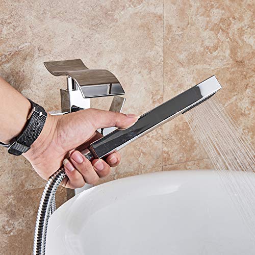 Saeuwtowy Grifo De Pie Para Bañera Cascada Cromo Redondo En El Suelo De Pie Bañera Grifo Grifo De Ducha y Bañera Monomando Latón Mezclador de Suelos Con Ducha