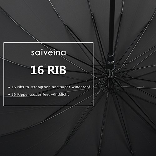Saiveina Paraguas Caballero Grande Clásico antiviento, 16 Varillas, Teflón T190, mango de espuma, muy fuerte-Negro