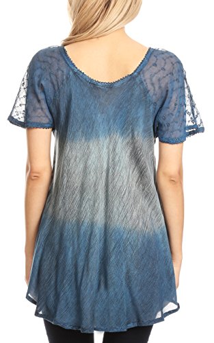 Sakkas 18715 - Blusa Superior de Manga Corta de Verano Casual Lily con Estampado de Bloques y Encaje - Azul Acero - Plus Size