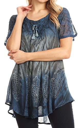 Sakkas 18715 - Blusa Superior de Manga Corta de Verano Casual Lily con Estampado de Bloques y Encaje - Azul Acero - Plus Size