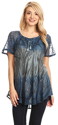 Sakkas 18715 - Blusa Superior de Manga Corta de Verano Casual Lily con Estampado de Bloques y Encaje - Azul Acero - Plus Size