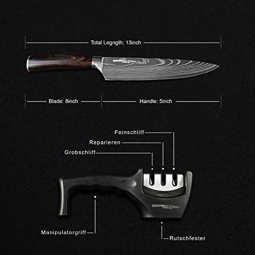 Salqinos 7cr17mov - Cuchillo de cocina (20 cm, acero inoxidable de carbono de alta calidad, con afilador de cuchillos, 3 niveles, protector de dedos y funda de cuchillo)