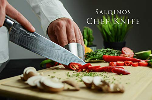 Salqinos 7cr17mov - Cuchillo de cocina (20 cm, acero inoxidable de carbono de alta calidad, con afilador de cuchillos, 3 niveles, protector de dedos y funda de cuchillo)