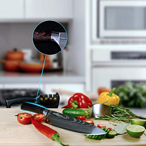 Salqinos 7cr17mov - Cuchillo de cocina (20 cm, acero inoxidable de carbono de alta calidad, con afilador de cuchillos, 3 niveles, protector de dedos y funda de cuchillo)