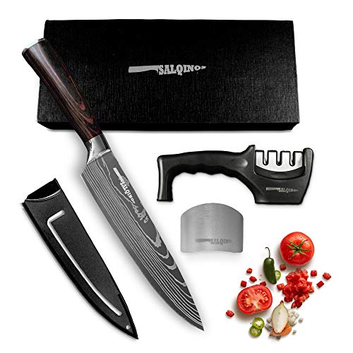 Salqinos 7cr17mov - Cuchillo de cocina (20 cm, acero inoxidable de carbono de alta calidad, con afilador de cuchillos, 3 niveles, protector de dedos y funda de cuchillo)