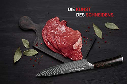 Salqinos 7cr17mov - Cuchillo de cocina (20 cm, acero inoxidable de carbono de alta calidad, con afilador de cuchillos, 3 niveles, protector de dedos y funda de cuchillo)