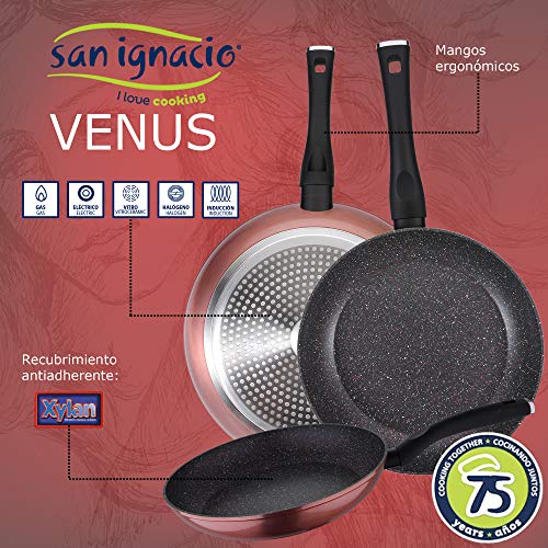 San Ignacio Batería de cocina 5 piezas acero inoxidable y set 3pcs sartenes Ø20/Ø24/Ø28, aluminio forjado, inducción