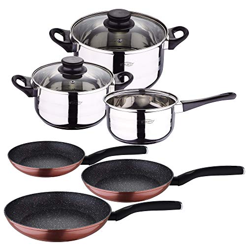 San Ignacio Batería de cocina 5 piezas acero inoxidable y set 3pcs sartenes Ø20/Ø24/Ø28, aluminio forjado, inducción