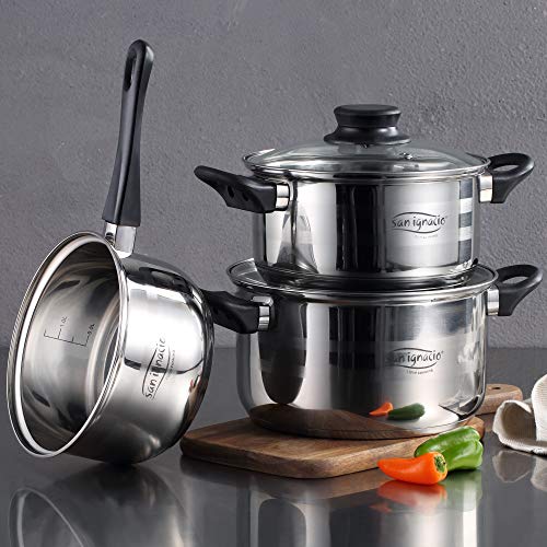 San Ignacio Batería de cocina 5 piezas acero inoxidable y set 3pcs sartenes Ø20/Ø24/Ø28, aluminio forjado, inducción