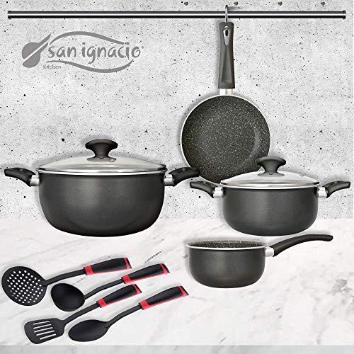 San Ignacio PK1625 Batería 6 Piezas Gourmet (4 cuerpos, 2 Tapas) más Utensilios de Cocina: Espumadera, rasera, Cuchara y cazo-colección Toledo, Aluminio