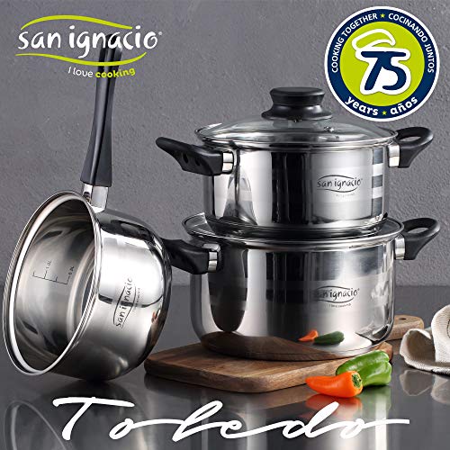 San Ignacio PK2356 Batería de cocina 5 piezas acero inoxidable y set 3pcs sartenes 16/20/24 rojo, aluminio prensado, inducción