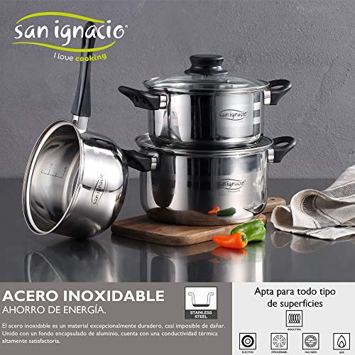 San Ignacio PK2437 Bateria 5 Piezas (3 cuerpos y 2 Tapas), Juego de 3 sartenes (16,20,24 cm), inducción, y 6 Cuchillos de Cocina con Tacoma Transparente, Acero Inoxidable