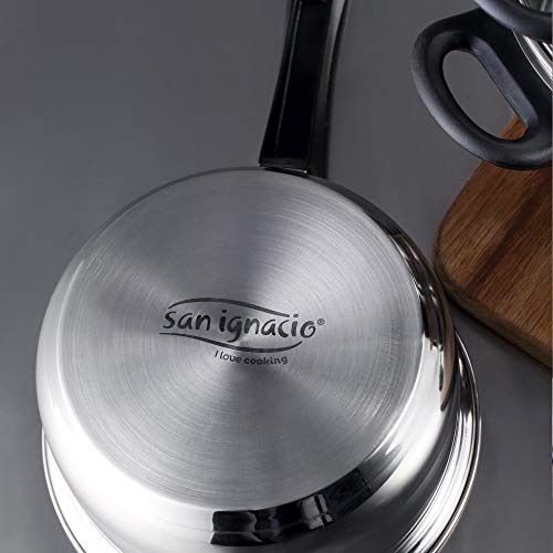San Ignacio PK2437 Bateria 5 Piezas (3 cuerpos y 2 Tapas), Juego de 3 sartenes (16,20,24 cm), inducción, y 6 Cuchillos de Cocina con Tacoma Transparente, Acero Inoxidable