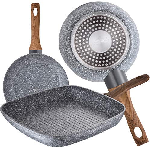 San Ignacio Set 2 Sartenes 18/22 y Asador Grill 28 x 28 cm, Daimiel, Aluminio Forjado, Inducción