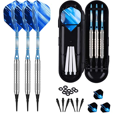 Sanfeng - Juego de dardos con punta de plástico para diana electrónica de 18 gramos, 3 dardos de 16 g, color azul, 50 puntas de dardos, 50 puntas de dardo, 50 anillos de goma antideslizantes.