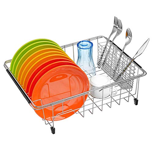 SANNO - Tendedero extensible con soporte para cubiertos de utensilios, escurreplatos en fregadero en el mostrador con soporte para cubiertos de utensilios, acero inoxidable inoxidable